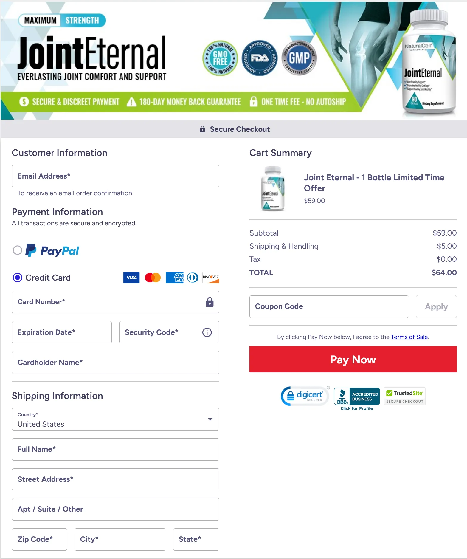 Joint Eternal secure checkout page showing a 180-day money-back guarantee and FDA-approved facility icons.
